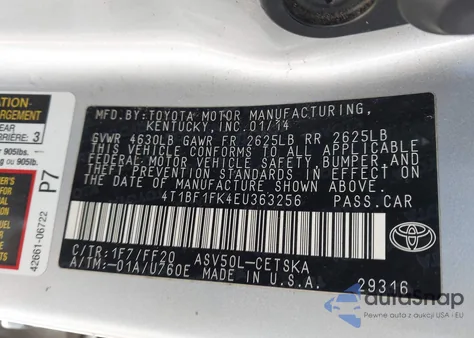 2014 Toyota Camry Se from USA, damaged, VIN 4T1BF1FK4EU363256